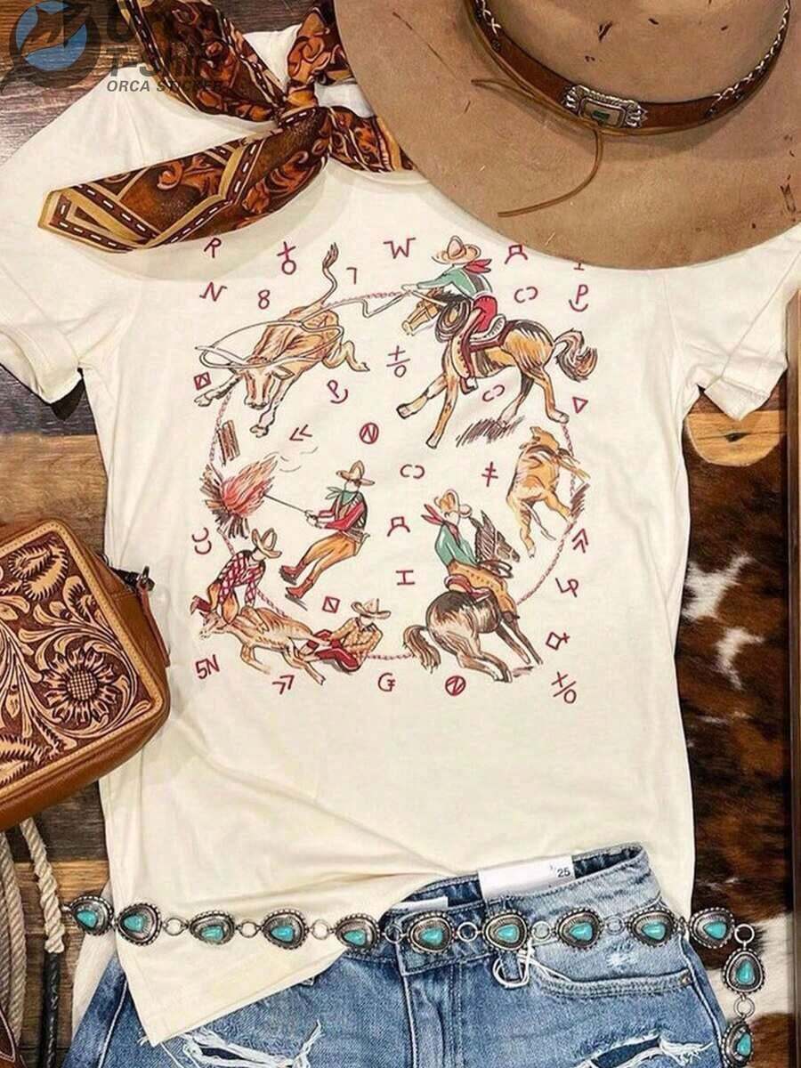 Ropa Casual de Verano para Mujer, Estilo Occidental de Manga CortaPaísCamisaDenimCamisetaVintageGráficoCamisetaCómodoCamisaAlgodónCamisetaConRetroImprimirPatrón,CortoCuello RedondoInspiradoCamisaParaChicas,LindoEstéticaY2KEstiloVeranoSuperior,AdecuadoParaAl aire libre,Inicio,Trabajo,OCalleInformalRopa-VacacionesConjuntos de ropaMujeres - Albaricoque - Ver 1