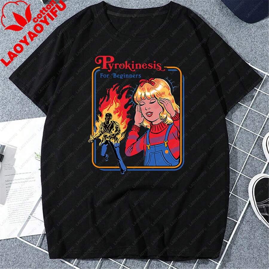 Camiseta negra de manga corta para mujer, sexy e informal, con estampado único de piroquinesis para principiantes, de largo regular y tejido de punto. - Negro - Ver 1