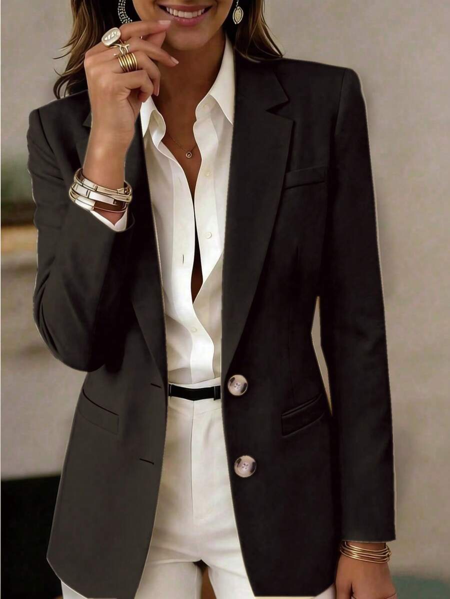 Women's Long Sleeve Lapel Button Jacket, Regular Length Knitted Fabric Lightweight Blazer, Creating Elegant And Fashionable Academic Style Black - Black - View 1