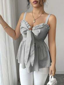 Nueva camiseta informal de primavera/verano para mujer, diseño de moda con tirantes de lazo, acento de lazo, a rayas azul y blanco, que ciñe la cintura, sexy y favorecedora, versátil para uso diario y citas - Negro - Ver 4