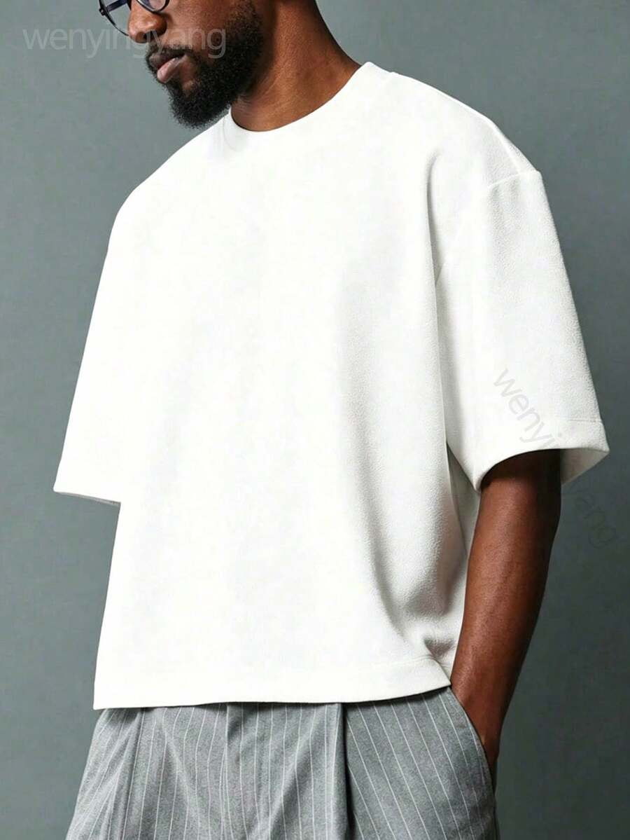 Oversized Boxy Cut Short Sleeve Jersey T Shirt Casual Crop Fit Streetwear Modern Minimalist All Season Essential Top-Comfy Vintage Cotton Tee-K48 - White 1 - 查看 1