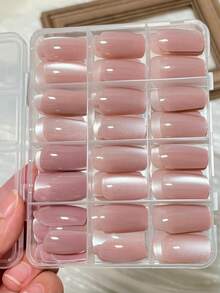 144 Stücke/Box mittlere quadratische Katzenaugen-Aufklebe-Nägel, schimmernd, natürlich nude-rosa Katzenaugen-Kunstnägel, sommerlich tragbare Nageltips für Frauen - Babypink - Übersicht 9