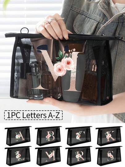 1 pieza Bolsa de malla negra, impresa con letras de flores creativas de la A a la Z, bolsa de almacenamiento de cosméticos de malla transparente de gran capacidad y multifuncional, bolsa de viaje portátil, bolsa de almacenamiento de productos para el cuidado de la piel y cosméticos, bolsa de papelería para estudiantes, bolsa con cremallera de malla, bolsa de almacenamiento de cosméticos de viaje, simple y avanzada, bolsa de almacenamiento de joyas, adecuada para alojamiento, viaje, negocios, natación, almacenamiento en el hogar, muy adecuada para oficina, universidad, trabajo, negocios, transporte, exterior, viaje, excursión