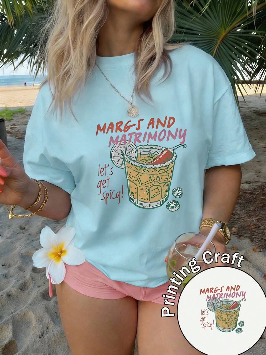 Women's Summer 2026 T-Shirt With Daisy Print And 'MARGS AND MATRIMONY' Text, Casual Design, Easy To Wash, Ideal For Travel And Everyday Wear - 淺藍色 - 查看 1