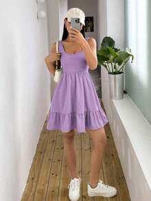 Vestido casual de mujer de unicolor con volantes en el bajo, para verano - Morado - Ver 6
