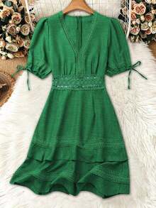 Clasi Vestido mini de manga abullonada con ribete de encaje de unicolor para mujer, para verano - Verde - Ver 3
