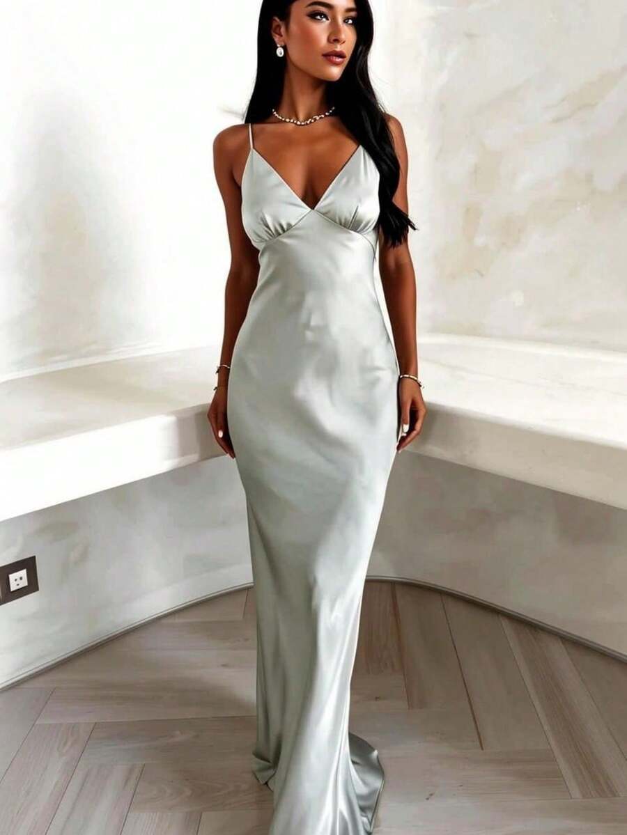 Vestido mujer 2026 verano nuevo, con cuello en V, sin mangas, elegante, ajustado en la cintura y de estilo moderno - Gris Claro - Ver 1