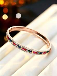1 pieza Pulsera de lujo con doble aro y cristales de Rhinestone, accesorio delicado y versátil para uso diario, adecuado para regalos y fiestas - pulsera - Ver 9