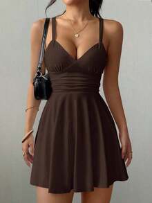 Vestido corto de punto sexy y elegante con escote en V, cintura fruncida y tirantes finos para mujer - Óxido marrón - Ver 7