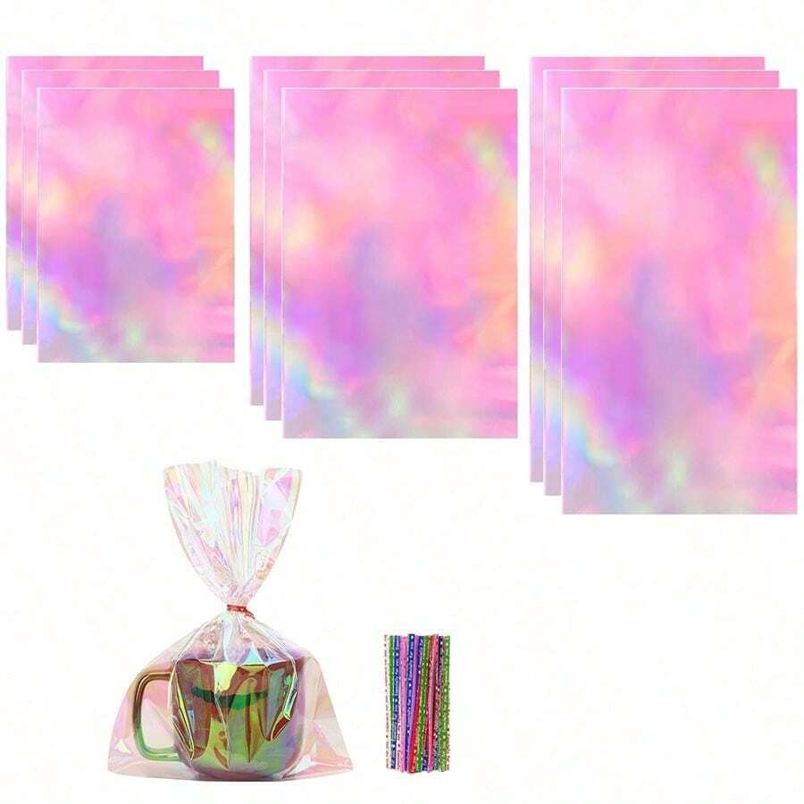 30/50个装炫彩玻璃纸礼品袋,带系带,全息塑料礼品袋,适用于派对回礼、礼品包装 - 查看 1