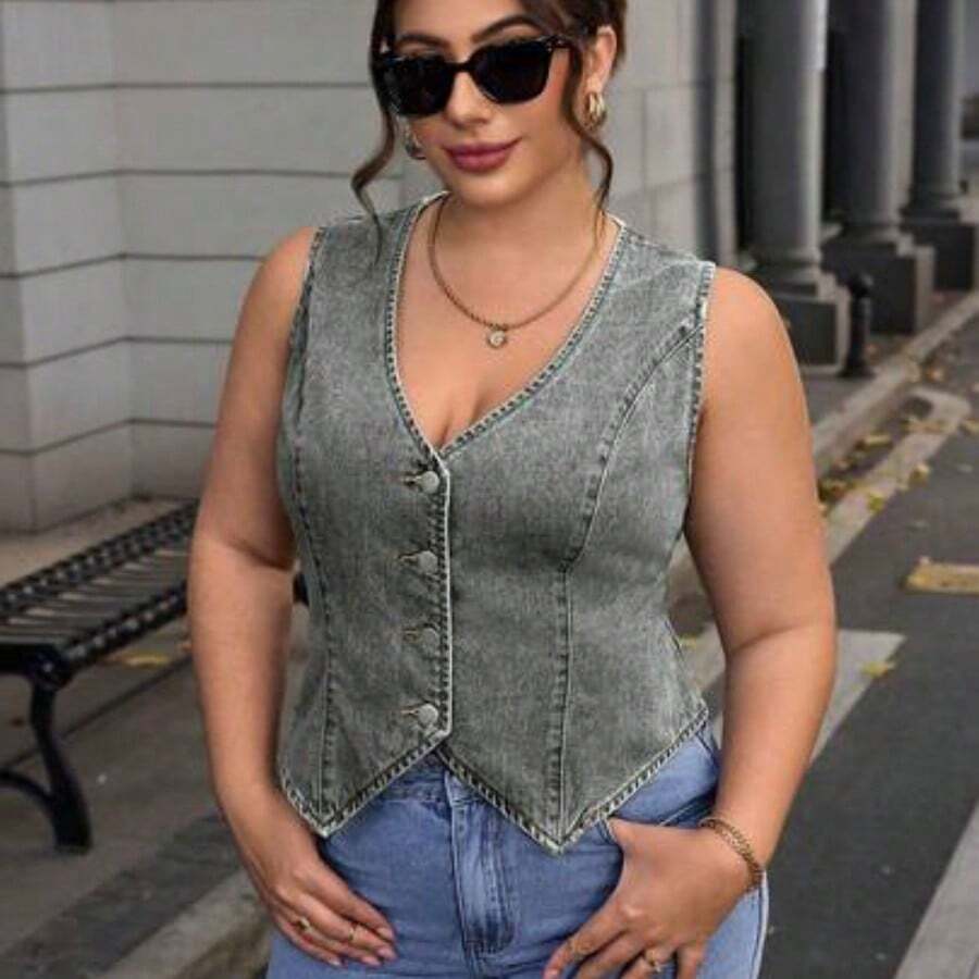 Plus Size Sleeveless Denim Jacket, Simple And Fashionable For Casual Daily Wear - Verde - Ver 1