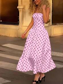 YHH2026 Nuevo vestido elegante, sexy y casual de primavera/verano para vacaciones, fiestas de té, festivales de música country, con volantes en la cintura, tirantes a lunares, color blancoYHH - Rosa - Ver 4