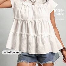 Freevana Plus Size Women's Vintage Peasant Casual Style | Blue And White Plaid Round Neck Sleeveless Tiered Ruffle Trim Babydoll Top - Sweet Loose Pullover Blouse - Negro - Ver 2