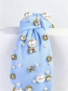 1 chiếc băng đô nữ bản rộng bằng vải đính ngọc trai & đá rhinestone, phụ kiện tóc phong cách tối giản màu trơn retro - xanh nhạt - Xem 3