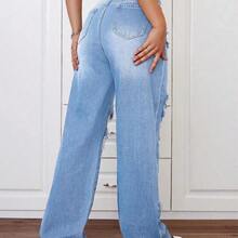 ICON Plus Size Women's Street Style Distressed Straight Leg Jeans, Summer - Lavado ligero - Ver 3