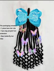 Extensiones de cabello trenzado de cola de caballo para niños con extremos rizados, elástico con cuentas de mantequilla/rastas, peinado protector desmontable - Mariposa azul - Ver 3