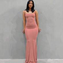 Q21DS653 European And American Women's Clothing 2022   Casual Sleeveless High-Waisted Slim-Fit Suspender Dress - màu nâu - Xem 5