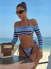 Conjunto de 3 piezas de traje de baño negro y blanco para mujer, conjunto de traje de baño casual y sexy de 3 piezas para resort de playa, conjunto de traje de baño de 3 piezas para mujer, Bottom de traje de baño para mujer, conjunto de playa negro y blanco para mujer - Multicolor 3 - Ver 9