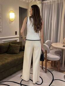Ajuste casual de vacaciones, conjunto de primavera de ajuste delgado, blusa de verano, blusa elegante blanca para mujer, conjunto de oficina para mujer, cárdigan sin mangas con cuello redondo y ribete blanco y negro, blusa de punto para mujer.Blusas de chaleco para mujer, ropa de trabajo para mujer de oficina - Blanco - Ver 2