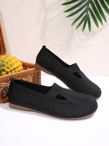 Women's All-Season Knitted Mary Jane Flat Shoes, Solid Color Slip-On Round Toe Shoes, Fabric Upper And Lining, Rubber Sole Supports Hand Wash - Black - View 6