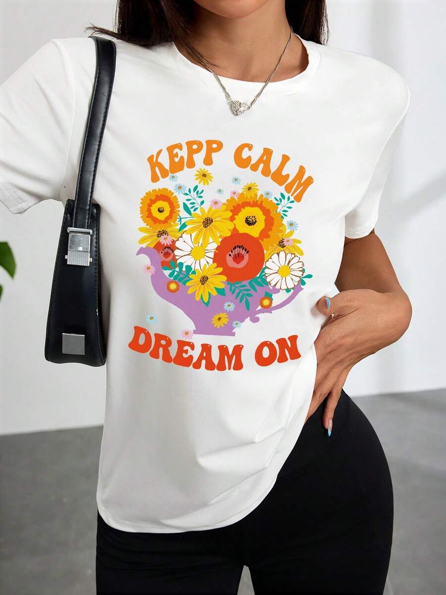 Women's White T-Shirt With A Floral Bouquet Design And The Phrase 'Keep Calm Dream On', Perfect For Casual Outings And Leisure - 白色 - 查看 1