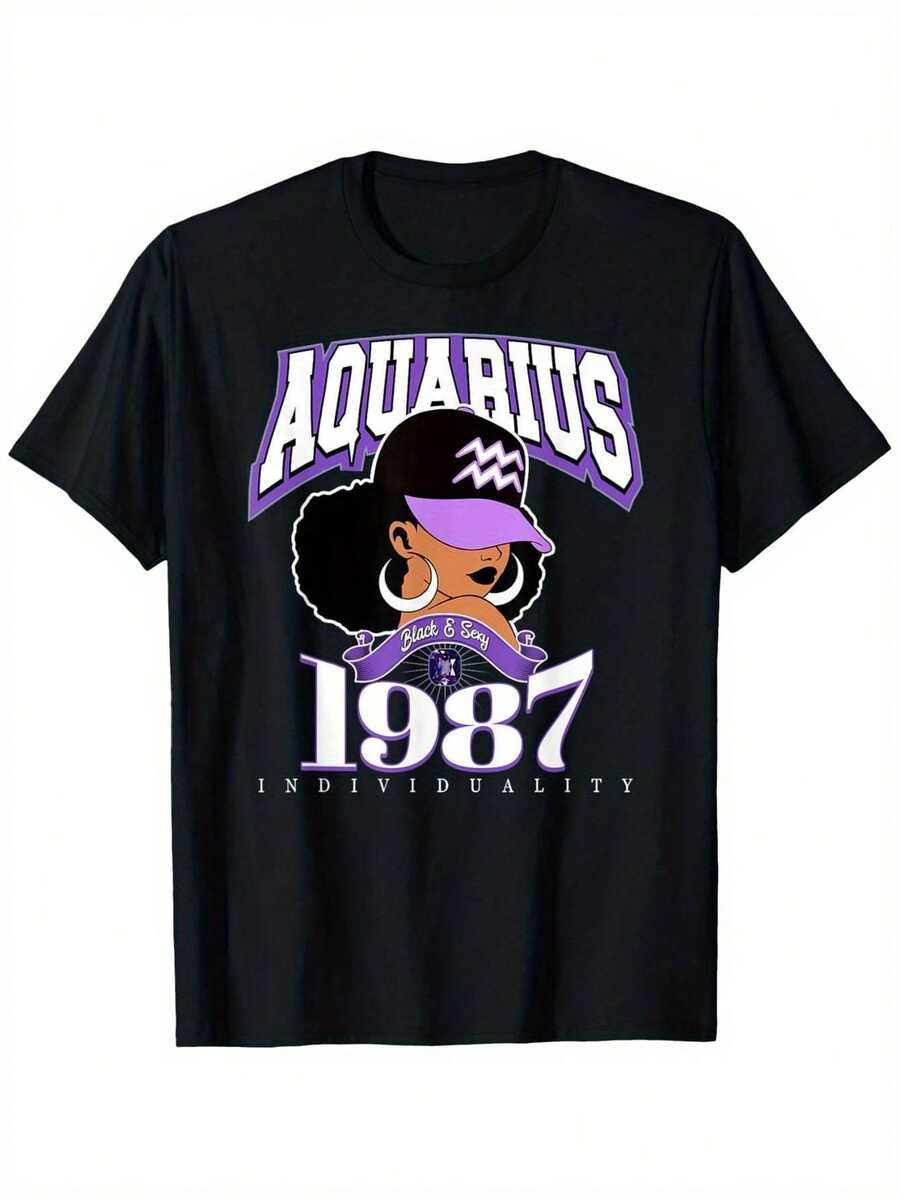 Camiseta Aquarius 1987 Queen Constellation Traits African Goddess Birthday - Negra con Gráficos Morados y Blancos, Corte Holgado, Manga Corta, Cuello Redondo, Tallas Grandes 1XL-5XL, Diseño Casual y Deportivo para Hombres y Mujeres, Regalo Perfecto para Cumpleaños, Y2k Camiseta Camisa De - Negro - Ver 1