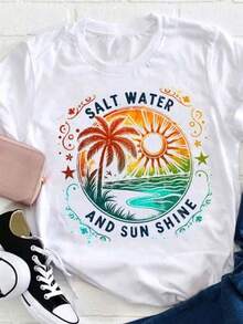 100% Women's T-Shirt - Tropical Beach Sunset Graphic Print With Palm Trees And "SALT WATER" Design, Short Sleeve Crew Neck T-Shirt, Breathable Summer Casual T-Shirt For Mother's Day, Teacher Appreciation Gifts, Beach Outings And Casual Wear - 白色 - 查看 1