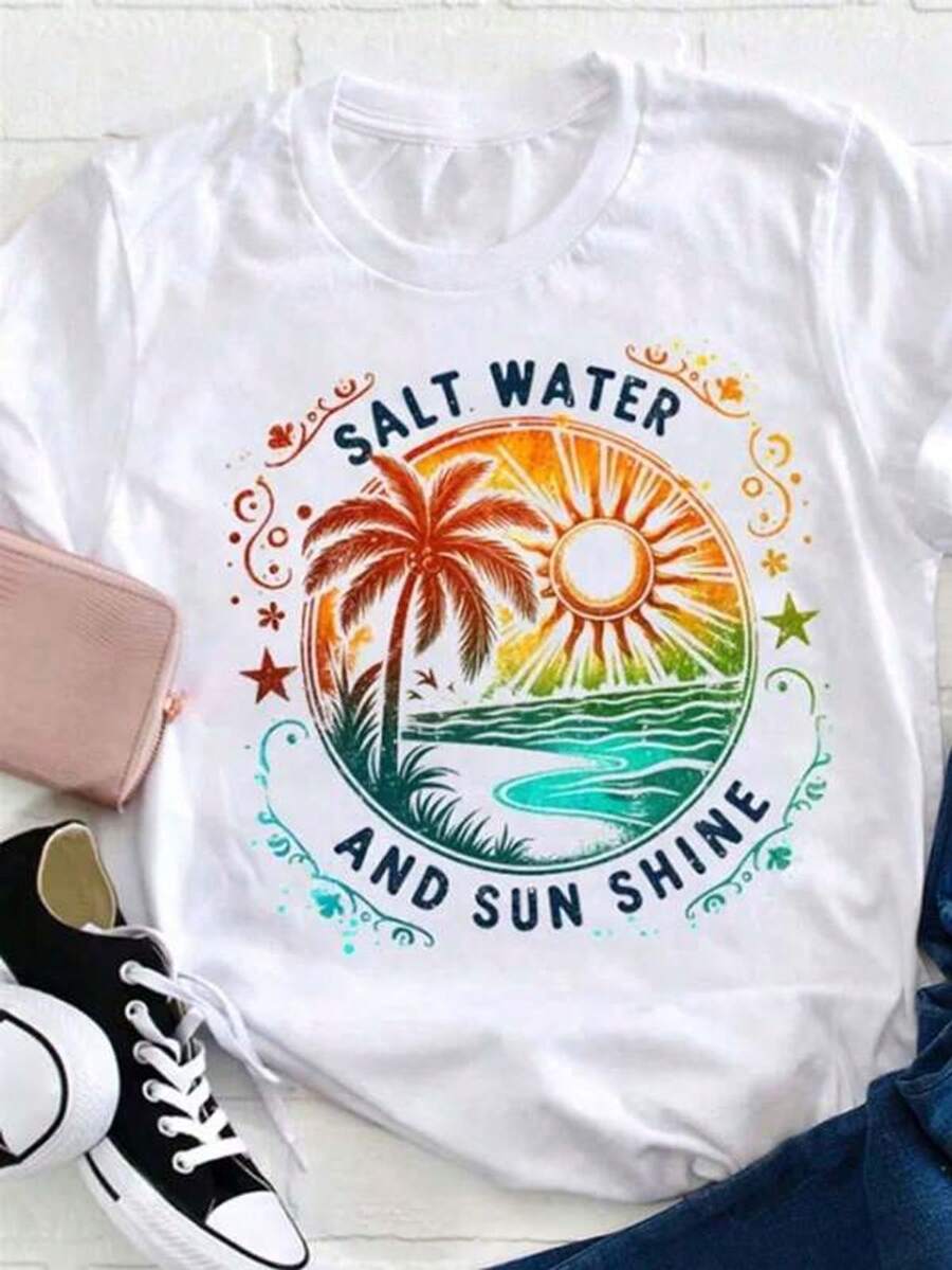 100% Women's T-Shirt - Tropical Beach Sunset Graphic Print With Palm Trees And "SALT WATER" Design, Short Sleeve Crew Neck T-Shirt, Breathable Summer Casual T-Shirt For Mother's Day, Teacher Appreciation Gifts, Beach Outings And Casual Wear - 白色 - 查看 1