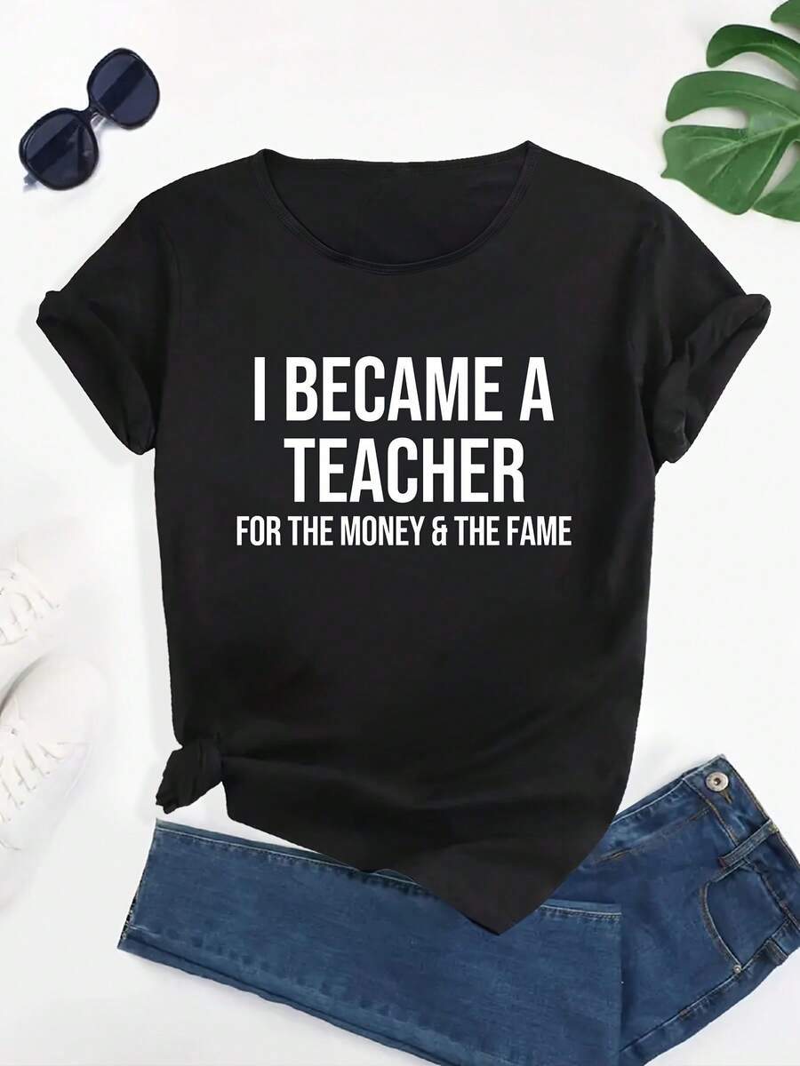 Camiseta de algodón de manga corta para mujer Regreso a clases: Me hice maestra - Camiseta de verano relajada para adultos - Negro - Ver 1