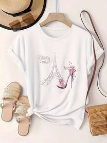 Camiseta de algodón de manga corta para mujer, camiseta moderna con estampado de la Torre Eiffel, ropa holgada de manga corta para mujer. - Blanco - Ver 2