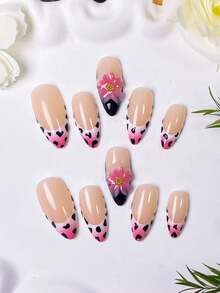 Bộ 10 móng giả thủ công hình hạnh nhân, màu trắng kiểu Pháp phối hồng gradient và họa tiết da bò. Móng giả có tông màu nude nhẹ nhàng, được vẽ tay theo kiểu Pháp màu trắng, phối hồng gradient và họa tiết da bò. - Nhiều màu - Xem 6