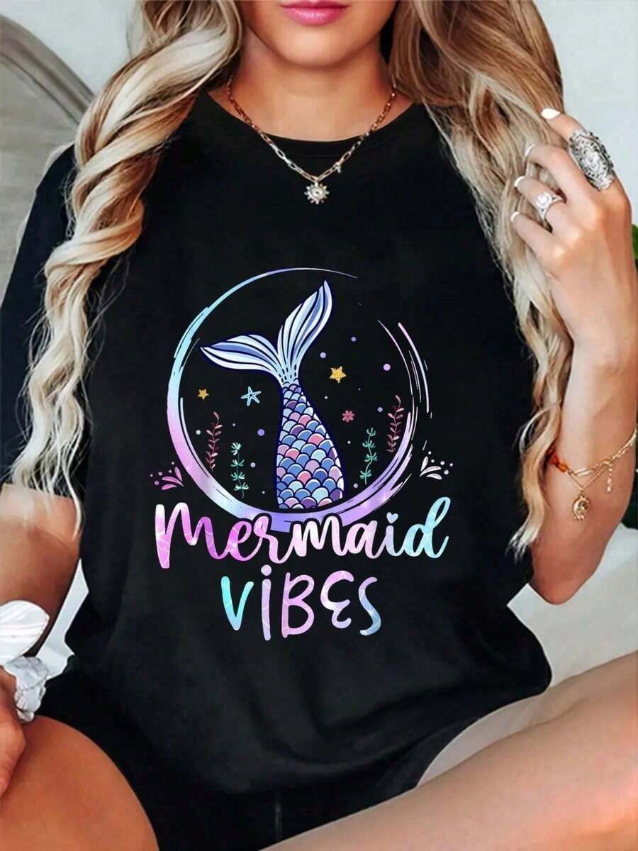 100% Cotton Mermaid Style T-Shirt For Girls' Birthday, Mermaid Tail Beach T-Shirt - Unisex Vintage Urban Style, Loose Fit Short Sleeve Cotton T-Shirt With Round Neck, 100% Pure Cotton - 黑色 - 查看 1