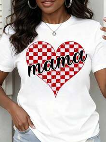 Camiseta de Cuello Redondo para Mujer, Estampado de Corazón a Cuadros Rojo y Blanco, Manga Corta, Estilo Casual para Uso Diario, Regalo para el Día de la Madre - Blanco - Ver 7