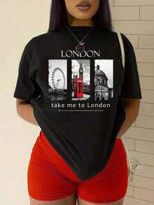 1 pieza de ropa para mujer, camiseta estampada informal 100% algodón con estampado de collage de monumentos "Take Me To London", camisetas gráficas para mujer, tops, conjuntos de verano, tops para mujer, unisex, 180g 100% algodón, todos los diseños están impresos. Unisexo. - Negro - Ver 1