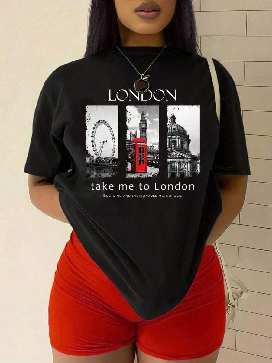 1 pieza de ropa para mujer, camiseta estampada informal 100% algodón con estampado de collage de monumentos "Take Me To London", camisetas gráficas para mujer, tops, conjuntos de verano, tops para mujer, unisex, 180g 100% algodón, todos los diseños están impresos. Unisexo. - Negro - Ver 1