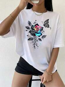 Women's Modern, Casual T-Shirt, Perfect For Parties And Lounging At Home, 100% Cotton, Loose Fit. Loose Fit. 1pc Women's Short Sleeve T-Shirt With Round Neck And Rose And Butterfly Print, Burgundy, Soft Polyester, Casual Blouse For All Seasons, For Spring And Summer (Machine Washable) - Unisex Urban Vintage Style, Loose Cotton T-Shirt With Round Neck And Short Sleeves, Casualblousesforwomen - 白色 - 查看 1