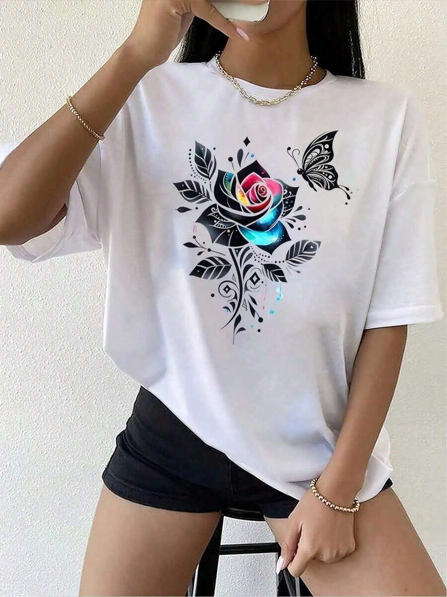 Women's Modern, Casual T-Shirt, Perfect For Parties And Lounging At Home, 100% Cotton, Loose Fit. Loose Fit. 1pc Women's Short Sleeve T-Shirt With Round Neck And Rose And Butterfly Print, Burgundy, Soft Polyester, Casual Blouse For All Seasons, For Spring And Summer (Machine Washable) - Unisex Urban Vintage Style, Loose Cotton T-Shirt With Round Neck And Short Sleeves, Casualblousesforwomen - 白色 - 查看 1