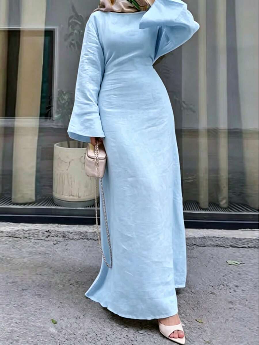 Women's Casual Elegant Solid Color Muslim Long Robe Dress, Slim Fit Robe Suitable For All Seasons And Vacation - Baby Blue - View 1