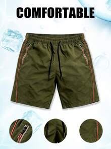 1pc Men's Summer Casual Sports Quick-Dry Shorts, Elastic Waist Drawstring Design Sports Shorts With Zipper Pockets - Olive Green - View 3