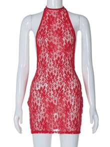 Sensual Halter Dress With Fitted Lace And A Voluminous Effect For Parties - Red - View 6