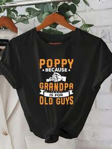 Blouses>Cute 1 Women's Summer Short Sleeve T-Shirt - 2D Geometric Print Of Grandparents Holding Hands, With The Text POPPY BECAUSE GRANDPA IS For OLD GUYS In A Modern Urban Style, Youthful Design, Comfortable Fit, Cute 100% Cotton T-Shirt, Casual Blouses For Women - 黑色 - 查看 1