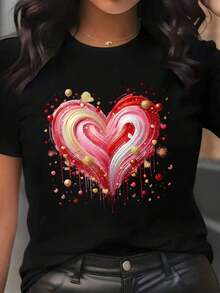 Round Neck T-Shirt With Heart Print For Valentine's Day, Ideal For Parties Or Romantic Dates, Women's T-Shirts, Valentine's Day T-Shirts, Comfortable To Wear, Suitable For All Seasons, Made Of Pure Low-Stretch Cotton Fabric, The Best Choice For Valentine's Day Gifts (Sizes S-4XL). - 黑色 - 查看 7