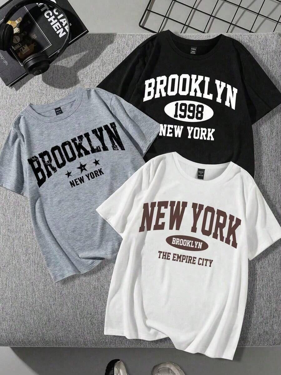 Set de 1 camisetas de manga corta, cuello redondo, ajustadas y casuales con estampado gráfico de "New York" en negro/blanco/gris, tallas grandes, adecuadas para el verano - Negro - Ver 1