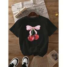 YOCASA Camiseta Casual de Verano para Mujer, con Cuello Redondo, Ajustada y Manga Corta, con Estampado de Pintura al Óleo, Floral, Corazón, Cereza y Patrones de Letras. Tejido Casual Simple, Estilo Deportivo, Ideal para Uso Diario y Citas de San Valentín. - [Negro] - Ver 2
