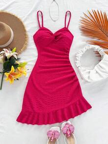Vestido mini ajustado con cintura ceñida, bajo con volantes y giro asimétrico en el pecho, tejido en rojo, adecuado para vacaciones, citas, té de la tarde, vacaciones, festivales de música, estilo bohemio - Rosa Fucsia - Ver 7