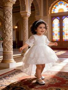 Toddler Girls' Cute Lace Short Sleeve Princess Dress, Tulle Puff Skirt Romper, Birthday Party Holiday Gift Formal Dress - White - View 6