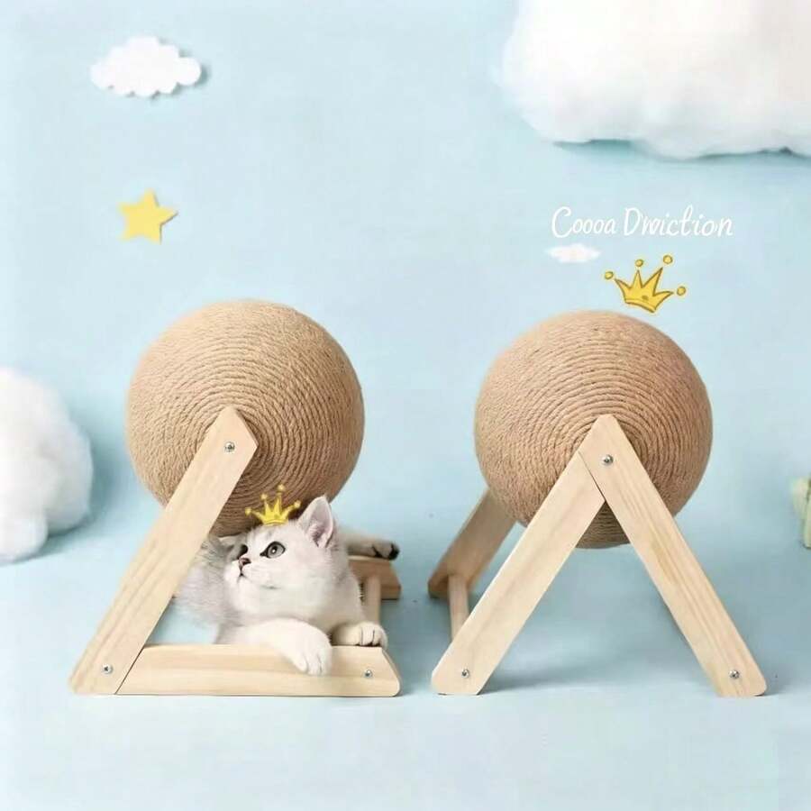 实木剑麻猫抓球,耐用猫抓玩具,三角形带球猫抓柱,直立式剑麻猫抓球,创意不掉毛猫抓柱,天然剑麻球形猫抓柱 - 一個抓球 - 查看 1