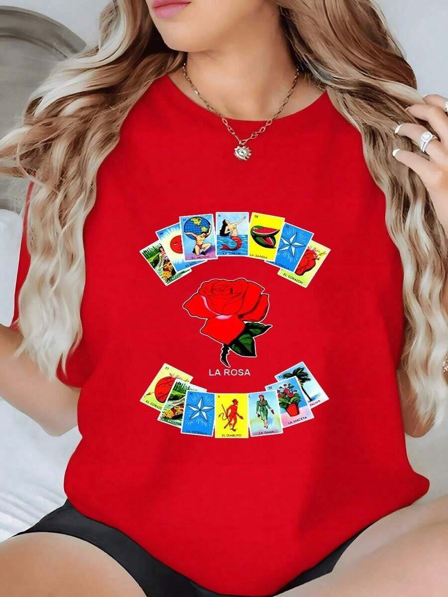 Rosa rodeada de cartas tradicionales de lotería mexicana que simbolizan amor suerte y vida colorida camiseta para mujer 100% algodón ,Camiseta Gráfica Vintage Oversized Mujer Algodón - Rojo - Ver 1