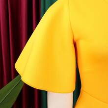 Women's Elegant European And American Style Evening Dress 2026, New Design, V-Neck, Puff Sleeves And Full Hem Skirt - 黃色 - 查看 4