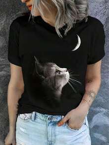[Local Delivery] Women's T-Shirt. Short-Sleeved, Round-Neck T-Shirt, Loose-Fitting, Casual, And Versatile. Featuring A Modern, Elegant, And Sophisticated Simple Letter Print, Ideal As A Basic Garment; Made Of Soft Fabric With Excellent Drape. - 黑色 - 查看 1